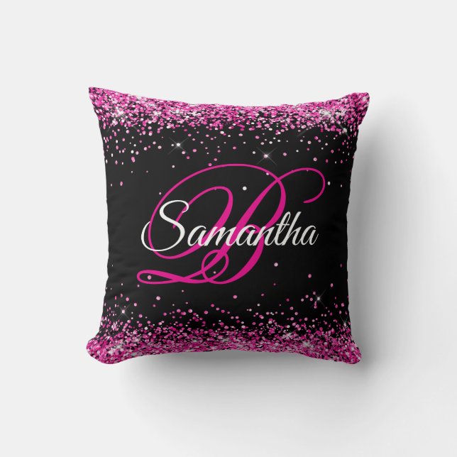 Coussin Paillettes Rose Chaud Monogramme Fantaisie Noir (Recto)