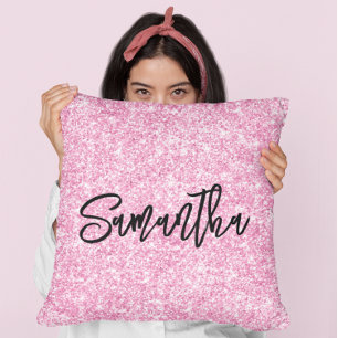 Coussin Paillettes Rose Clair Écriture Pinceau Noir