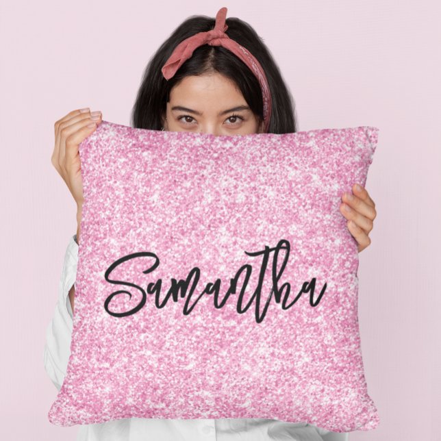 Coussin Paillettes Rose Clair Écriture Pinceau Noir (Créateur téléchargé)