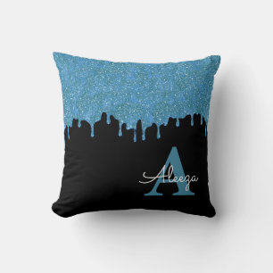 Coussin Paillettres de monogramme bleu sarcelle et noir en