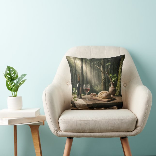 Coussin Pain de vin et de pain sur une table de forêt (Chaise)