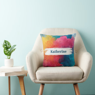 Coussin Paint à l'aquarelle vive avec nom personnalisé