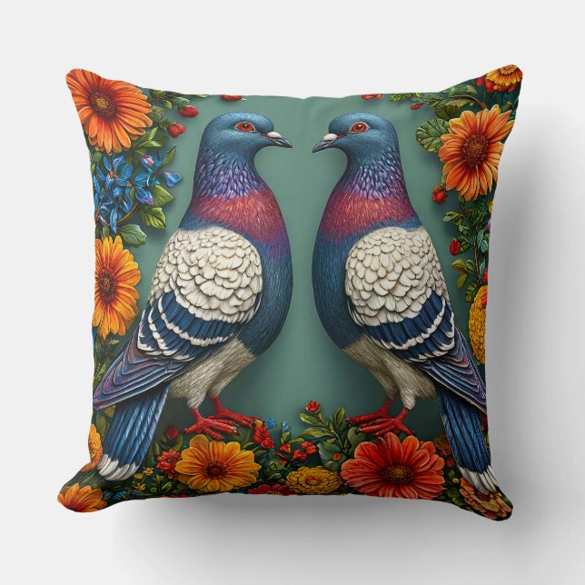 Coussin Paire de pigeons vibrants entourés de fleurs (Recto)