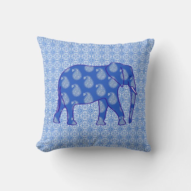 Coussin Paisley éléphant - bleu cobalt et blanc (Recto)