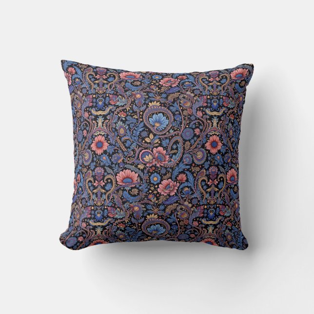 Coussin Paisley en bleu et corail (Recto)