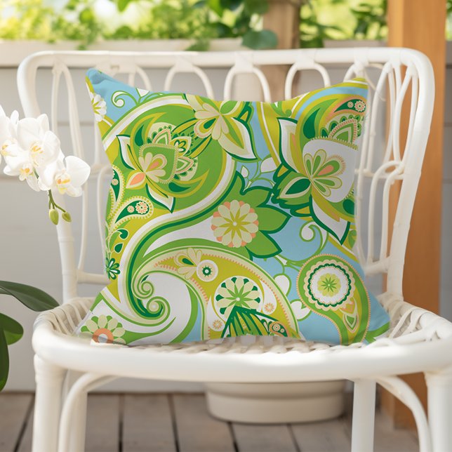 Coussin Paisley Floral Joyeux Vert Jaune Bleu (Créateur téléchargé)