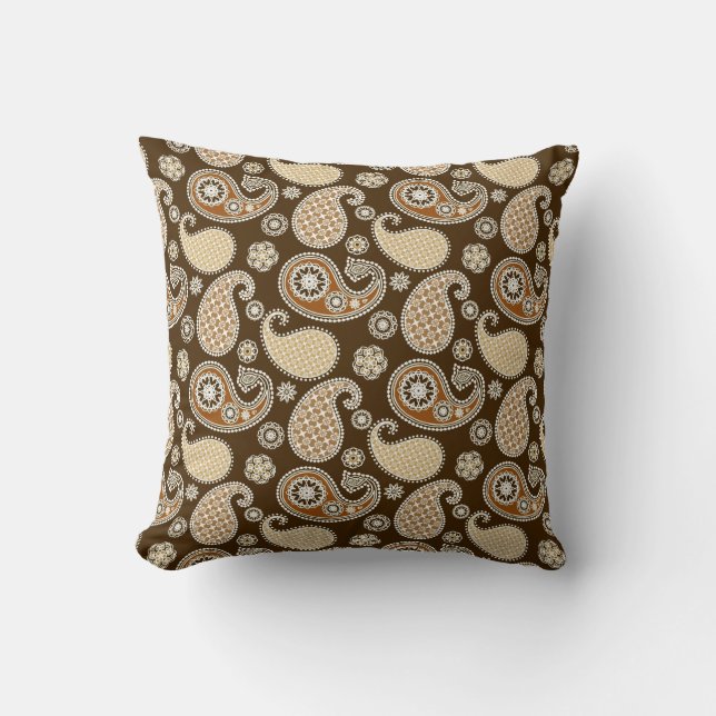 Coussin Paisley Motif, Chocolat Brown et Tan (Recto)