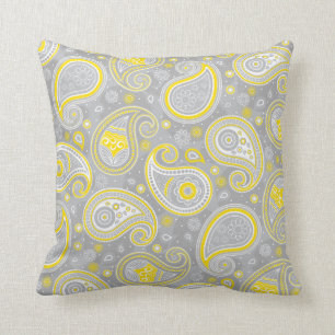 Coussin Paisley motif jaune et gris élégant