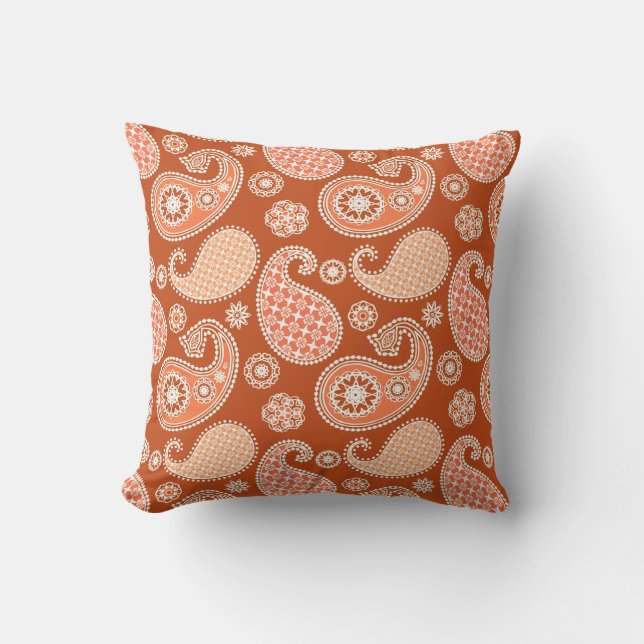 Coussin Paisley motif, Mandarin Orange et Blanc (Recto)