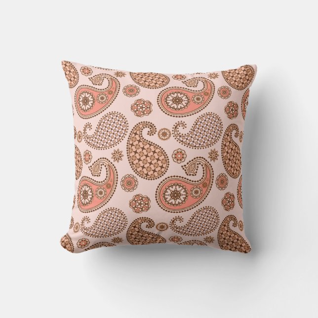 Coussin Paisley motif, pêche et corail rose (Recto)