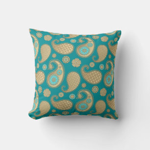 Coussin Paisley motif, Soft Gold sur Turquoise