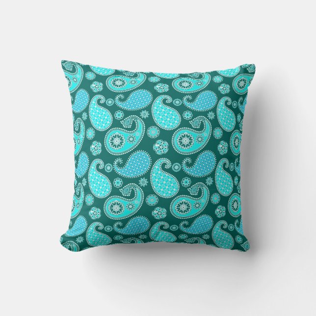Coussin Paisley motif, Turquoise, Aqua et White (Recto)