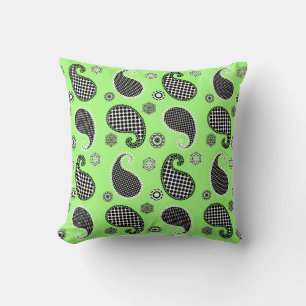 Coussin Paisley motif, vert citron, noir et blanc