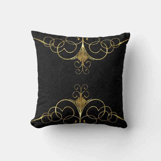 Coussin Paisley noir et cadre tourbillonnant or (Recto)