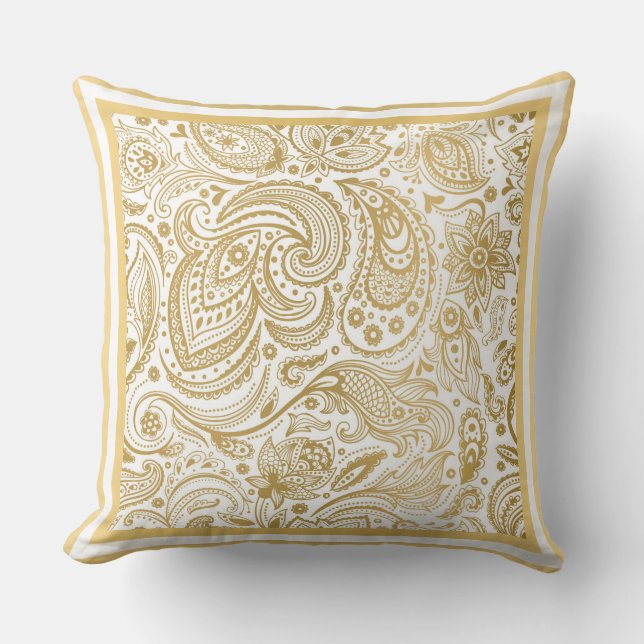 Coussin Paisley Or Léger Et Blanc Et Cadre Géométrique (Recto)