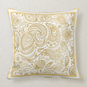 Coussin Paisley Or Léger Et Blanc Et Cadre Géométrique