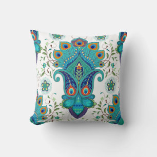 Coussin Paisley orientale, motif en plumes paon.