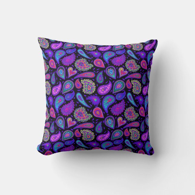 Coussin Paisley parfaitement violet sur noir (Recto)