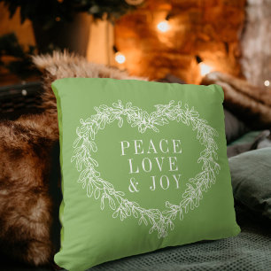 Coussin Paix, amour joie vert mistletoe Noël vert