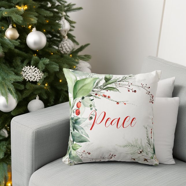 Coussin Paix de Noël à la verdure aquarelle festive (Festive Watercolor Greenery Christmas Peace Throw Pillow)