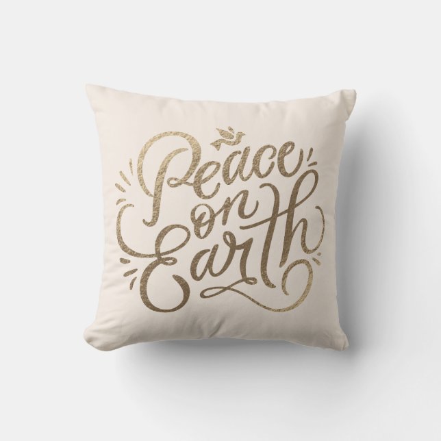 Coussin Paix sur Terre avec colombe faux or écriture moder (Recto)