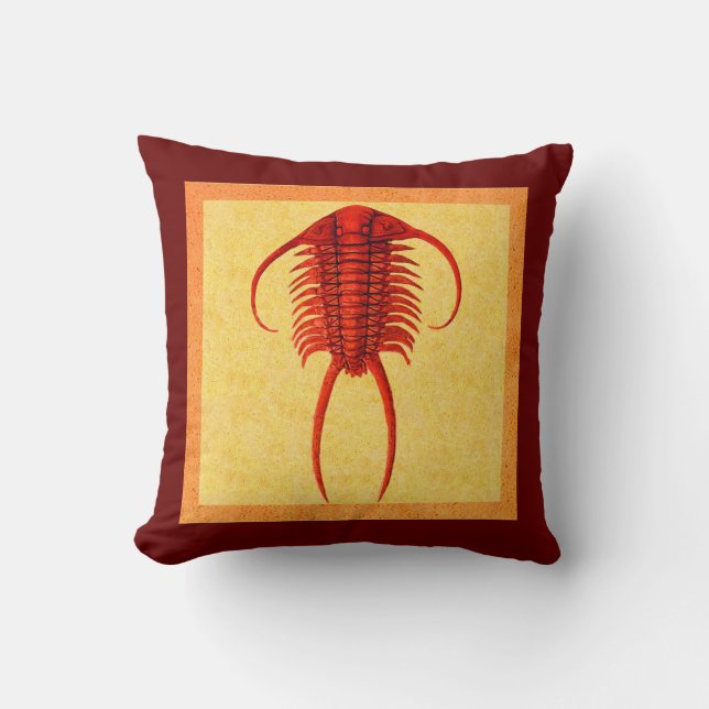 Coussin "Paléo-chic" Paraceraure Rouge Trilobite Fossil (Recto)