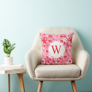 Coussin Palm Beach Preppy Monogramme rouge et rose
