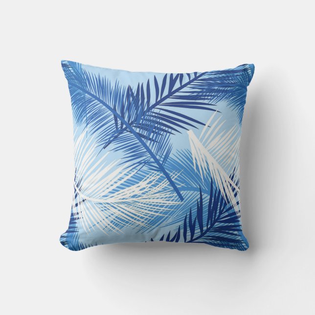 Coussin Palm Leaf Print, Cobalt, blanc et bleu ciel (Recto)