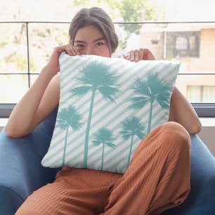 Coussin Palm Tree Stripe Turquoise Beach House Décoratif