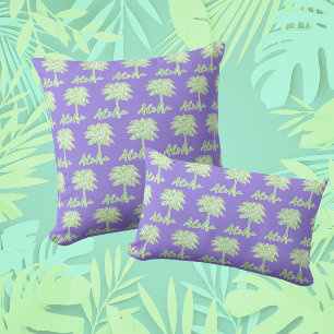 Coussin Palme blanc violet vert Aloha Tropical