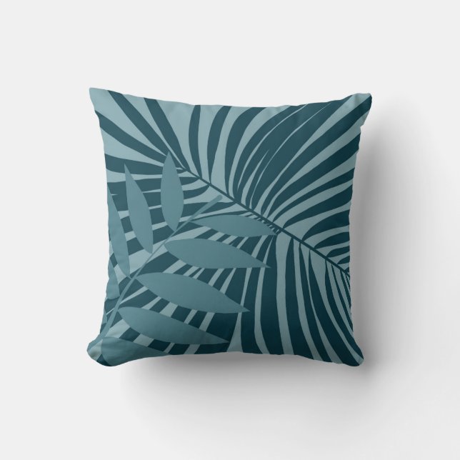 Coussin palme & feuille tropicale abstrait en gris vert bl (Recto)