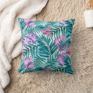 Coussin Palme rose et Turquoise Tropical & Monstera Feuill