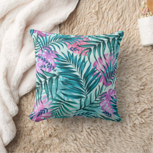 Coussin Palme rose et Turquoise Tropical & Monstera Feuill