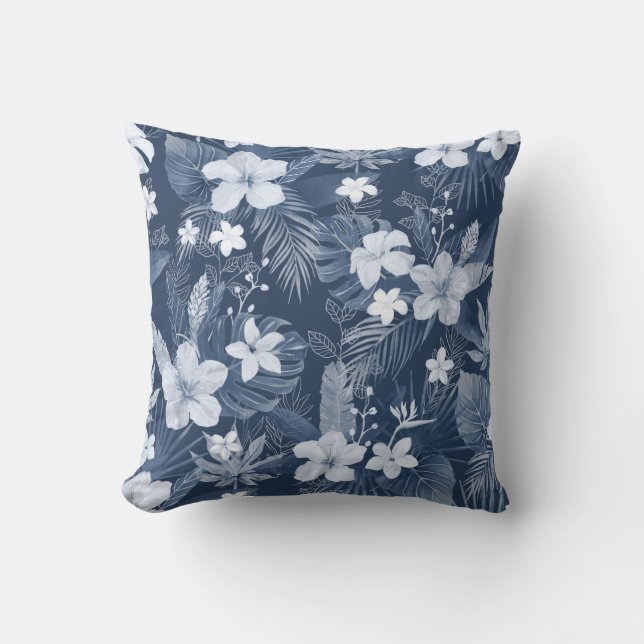 Coussin Palmier Blanc Bleu Feuille Fleurs tropicales (Recto)