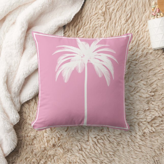 Coussin Palmier Blanc Bordure rose Tropical Élégant (Couverture)