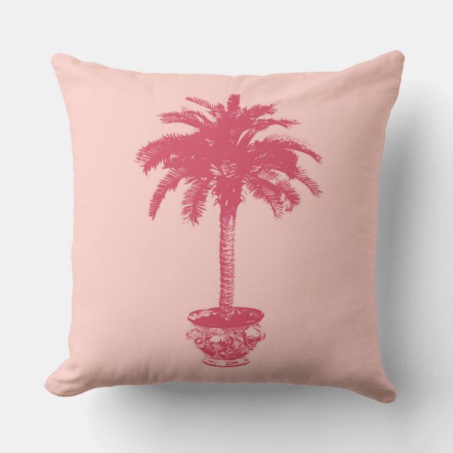 Coussin Palmier en pot aux nuances de corail rose (Recto)