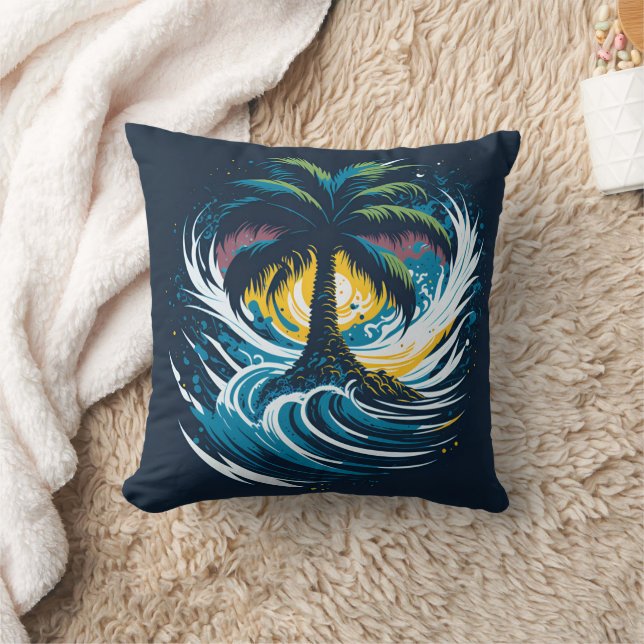 Coussin Palmier en style peinture avec vague (Couverture)