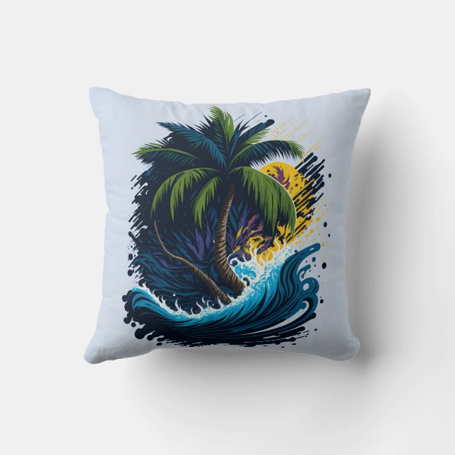 Coussin Palmier en style peinture avec vague (Verso)