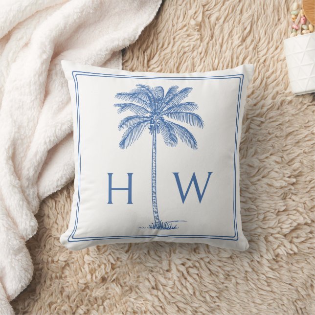 Coussin Palmier Palmetto Bleu et Blanc Monogramme (Couverture)