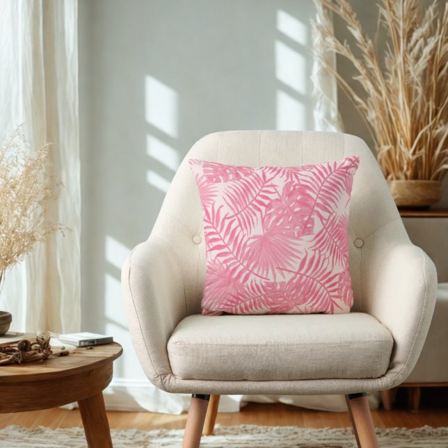 Coussin Palmier rose et Monstère Boho esthétique tropicale (PInk aesthetic tropical leaves throw pillow)