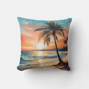 Coussin Palmier Sur La Plage Tropicale Au Coucher Du Solei