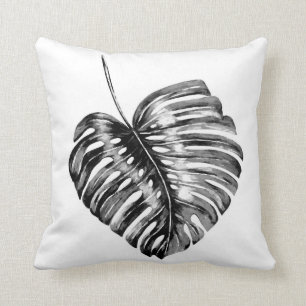 Coussin Palmier tropical à feuilles de monstère noir et bl