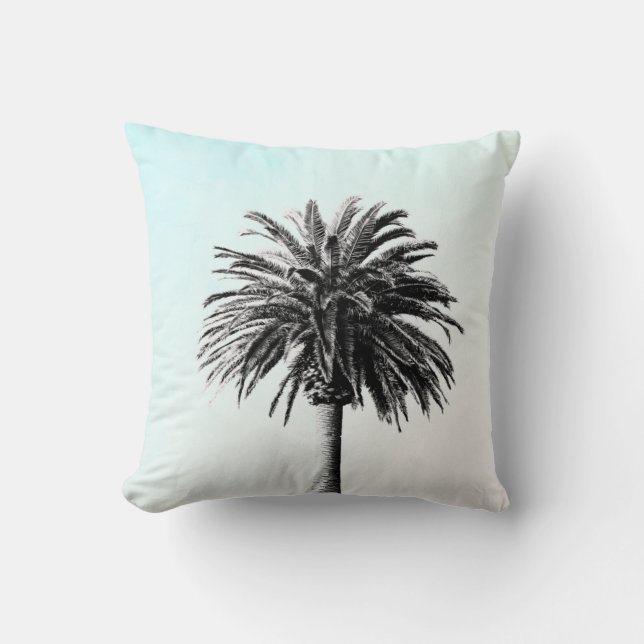 Coussin Palmier Tropical Elégant Bleu Noir Blanc (Recto)