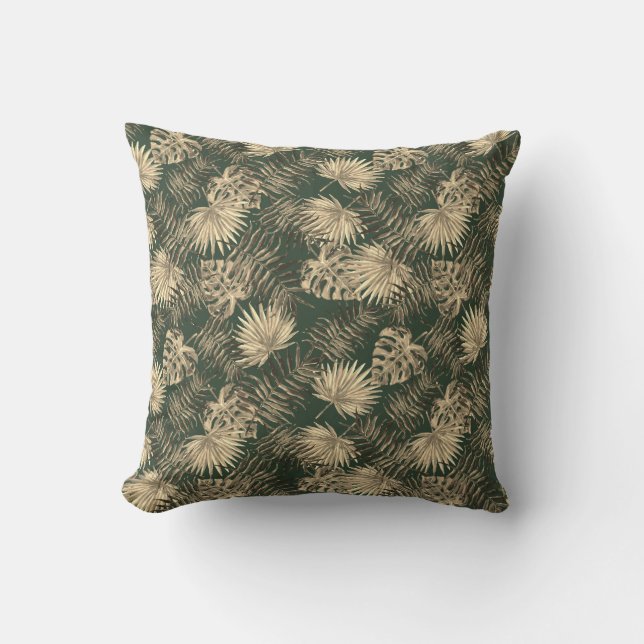 Coussin Palmier Tropical Feuille Motif Vert foncé Or (Recto)