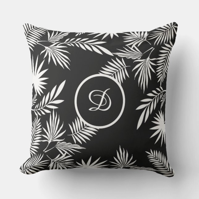 Coussin palmier tropical feuille noir et blanc (Recto)