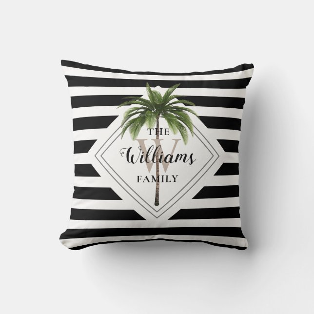 Coussin Palmier Tropical Moderne Monogramme Noir Et Blanc (Recto)