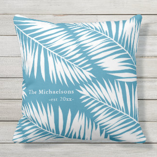 Coussin Palmiers bleus et blancs avec nom et année
