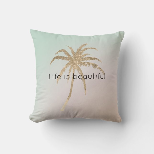 Coussin Palmiers d'or tropicaux Mint Cream Ombre          (Recto)