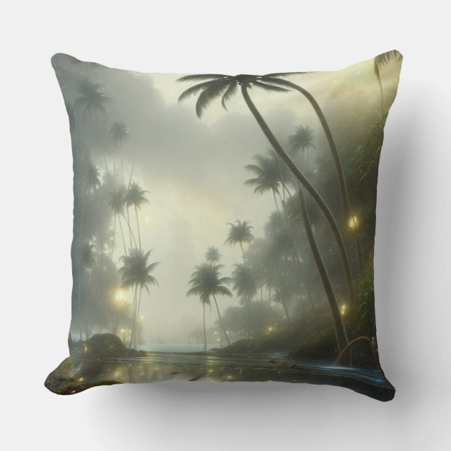 Coussin Palmiers et océan jour brumeux (Recto)