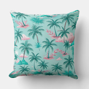 COUSSIN PALMIERS ET PLANTES TROPICAUX VERTS ET ROSES